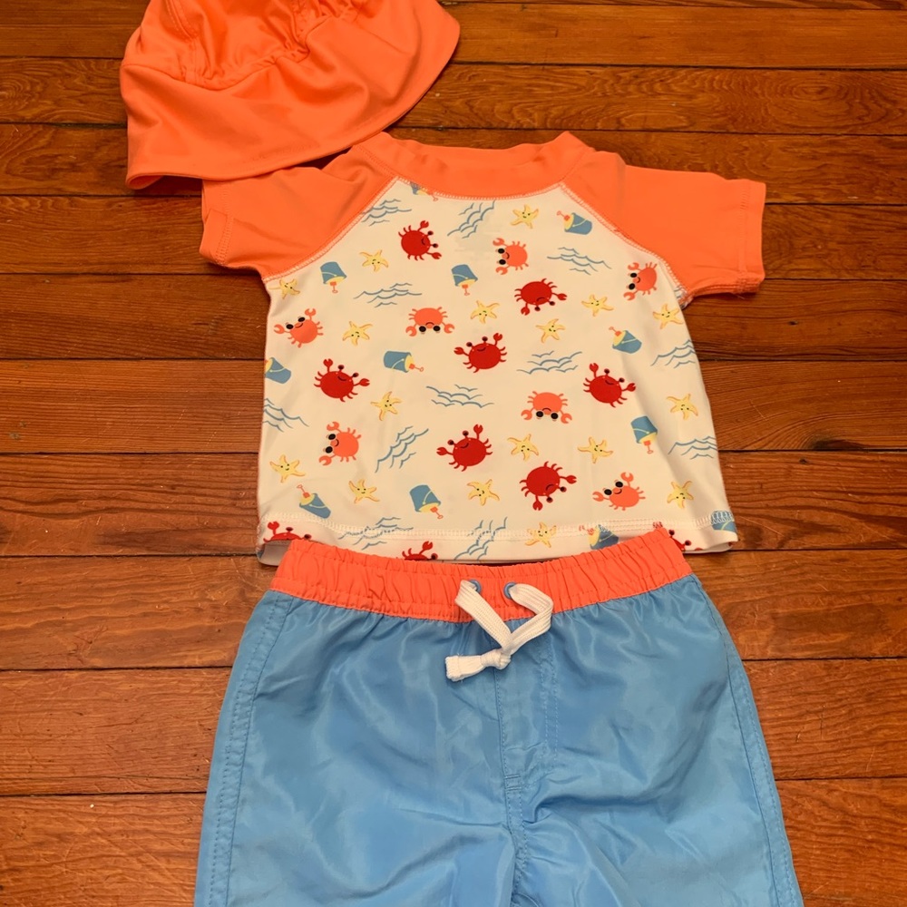 New Baby Boys Swimsuit Trunks & Rashguard Swim Set with Hat